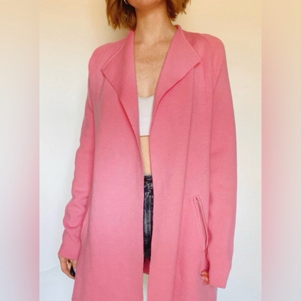 Talbots Merino Wool Longline Open Knit Sweater Cardigan Blazer Bubblegum Pink-L
